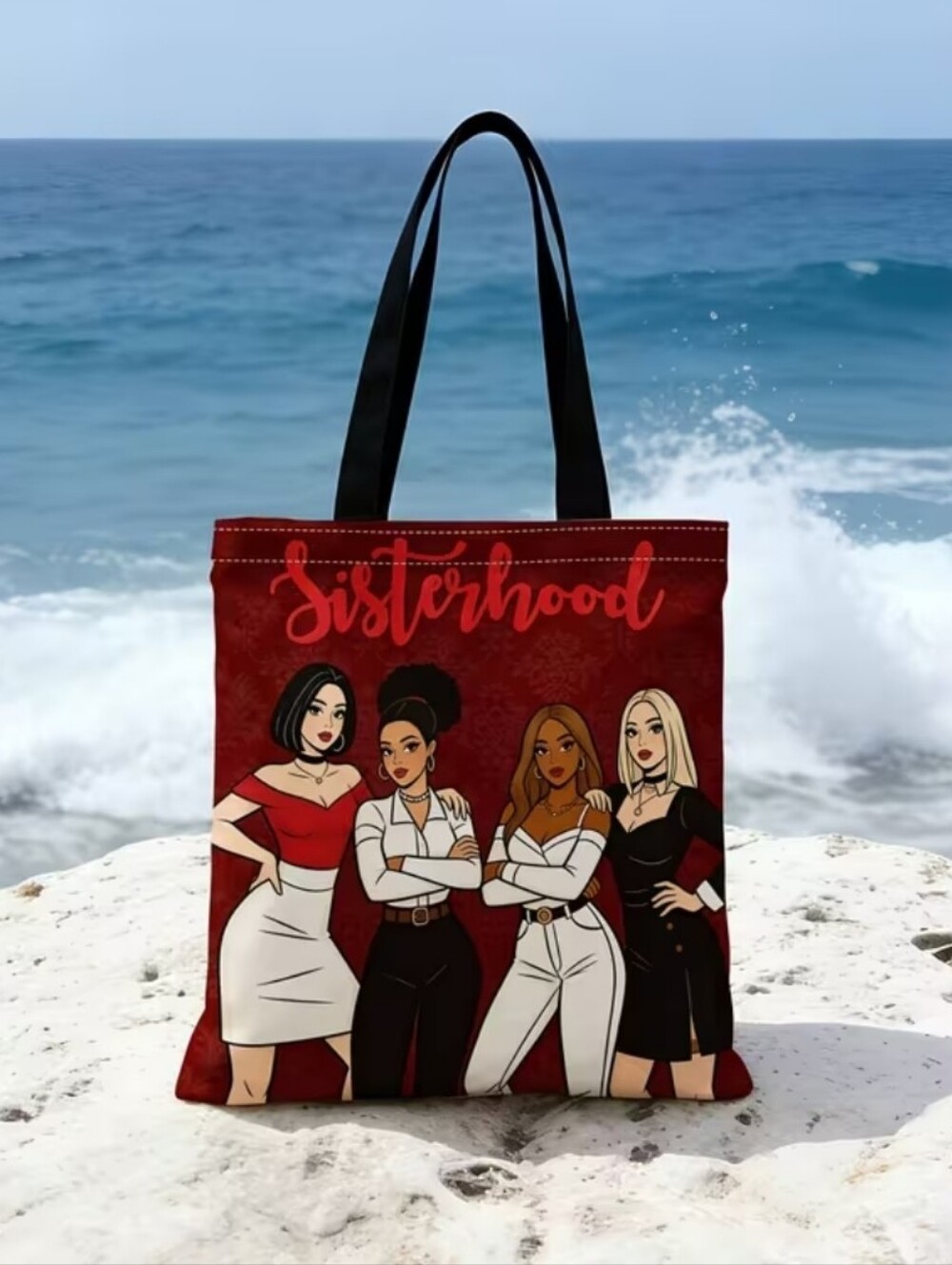 Very Nice Sisterhood Red Light Weight Tote Bag with Black Handles